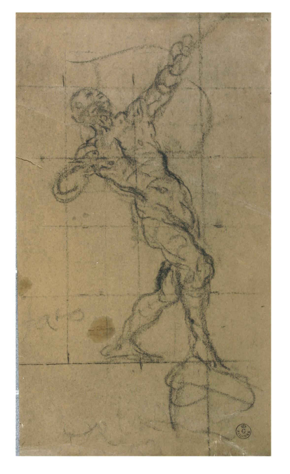 Hombre desnudo disparando un arco. (Es una reproducción mecánica).