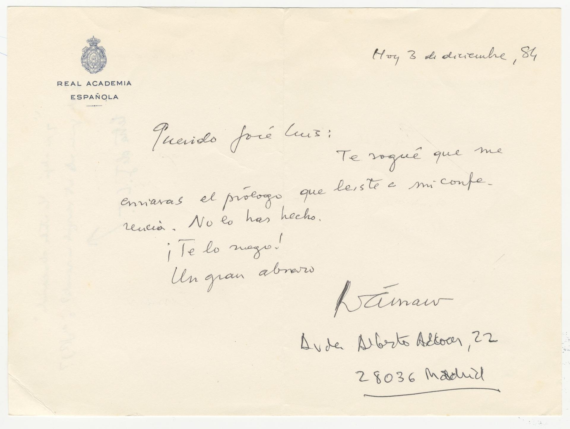 Carta manuscrita de Dámaso Alonso