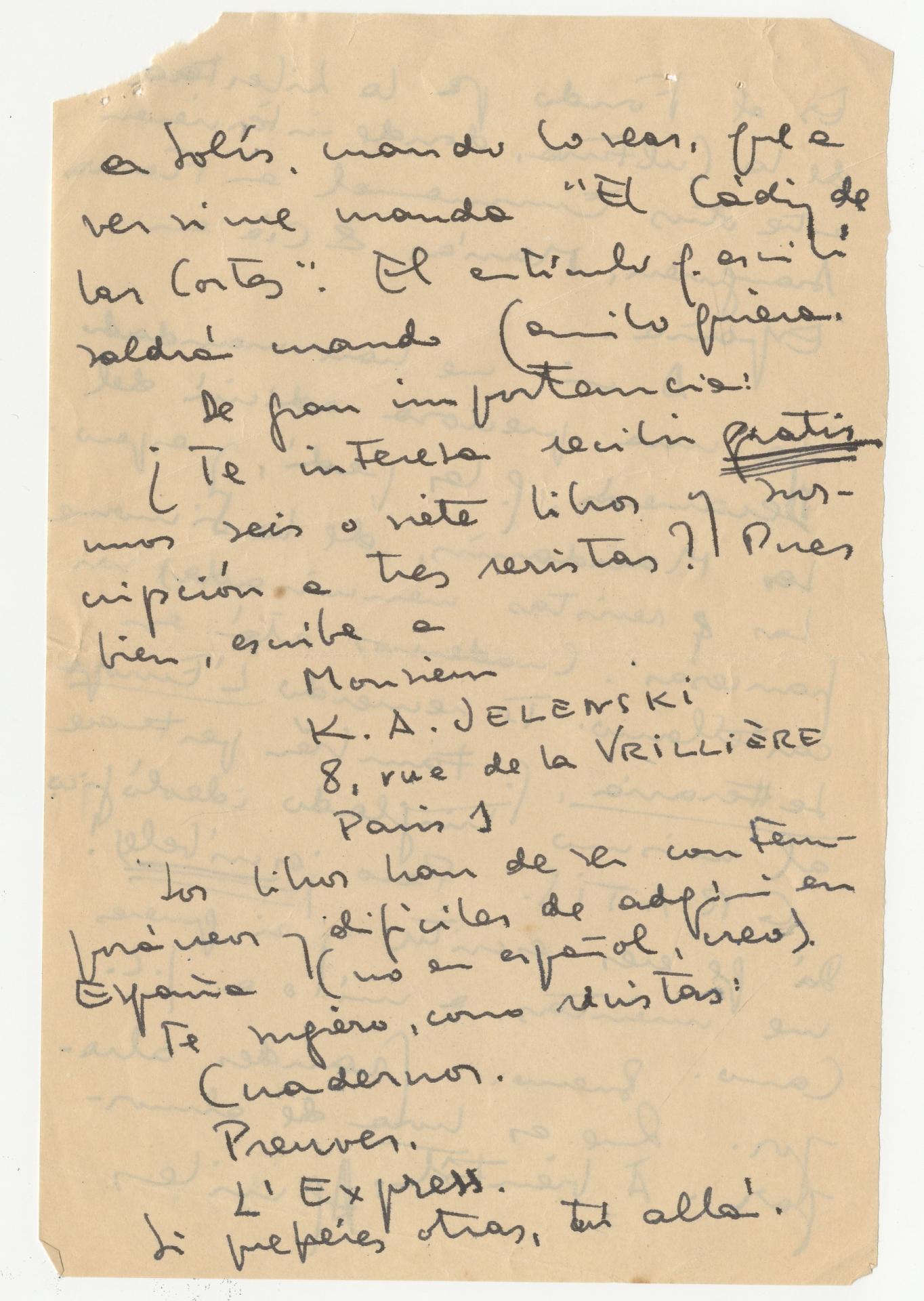 Carta manuscrita de Aquelino Duque